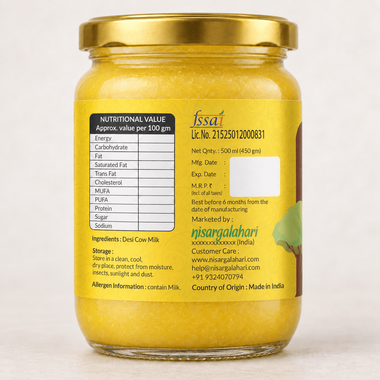 Nisargalahari Desi Cow Ghee, back label with ingredients and FSSAI details