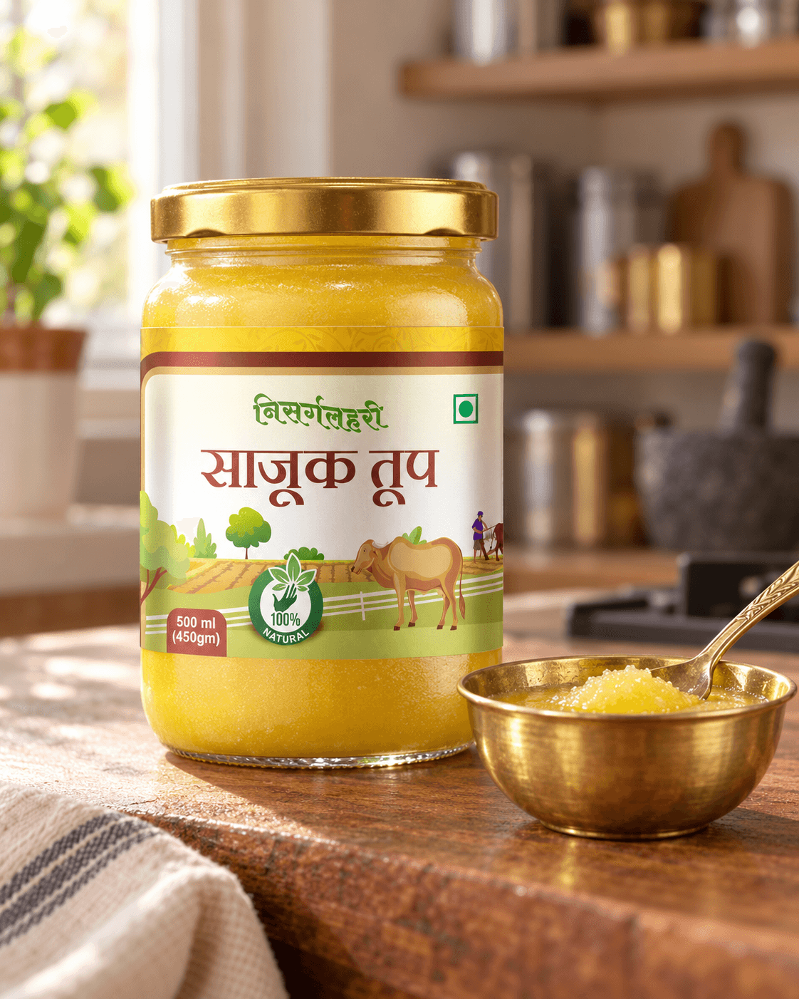 Nisargalahari Desi Cow Ghee served in a bowl